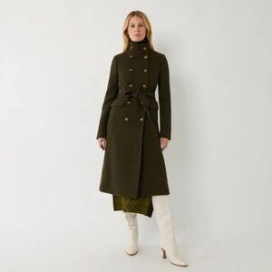 Warehouse Double Breasted Military Winter Trench Coat Size 8 Green Wool Blend